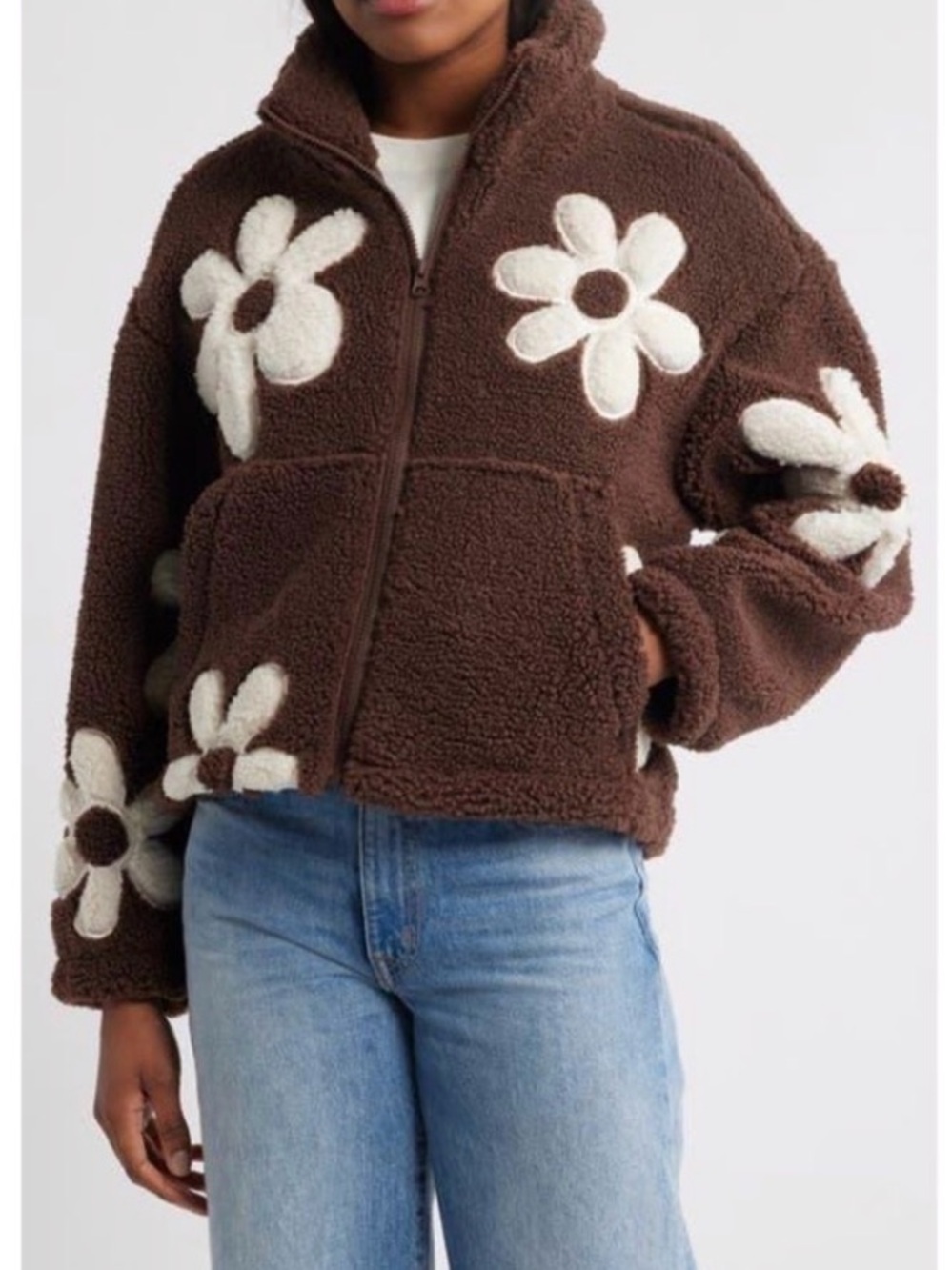 Thread & Supply Chocolate Brown Teddy Jacket with Cream Daisy pattern